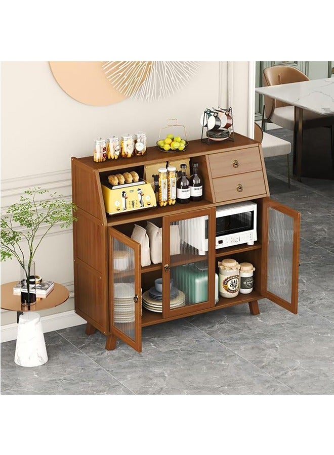 JCB CHIC Kitchen Cabinet, Bamboo Wood Storage Cabinet with Drawer  Clear Doors for Microwave Oven, Tableware and Kitchen Utensils, Vintage Sideboard Cabinet for Living Room Dining Room Kitchen - Image 1