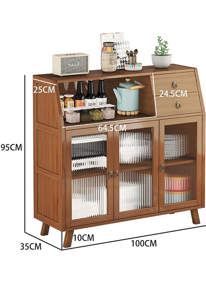 JCB CHIC Kitchen Cabinet, Bamboo Wood Storage Cabinet with Drawer  Clear Doors for Microwave Oven, Tableware and Kitchen Utensils, Vintage Sideboard Cabinet for Living Room Dining Room Kitchen - Image 2