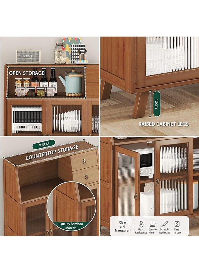 JCB CHIC Kitchen Cabinet, Bamboo Wood Storage Cabinet with Drawer  Clear Doors for Microwave Oven, Tableware and Kitchen Utensils, Vintage Sideboard Cabinet for Living Room Dining Room Kitchen - Image 5