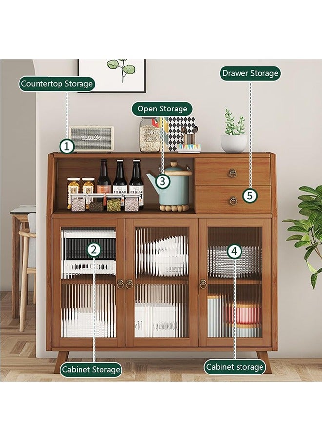 JCB CHIC Kitchen Cabinet, Bamboo Wood Storage Cabinet with Drawer  Clear Doors for Microwave Oven, Tableware and Kitchen Utensils, Vintage Sideboard Cabinet for Living Room Dining Room Kitchen - Image 4