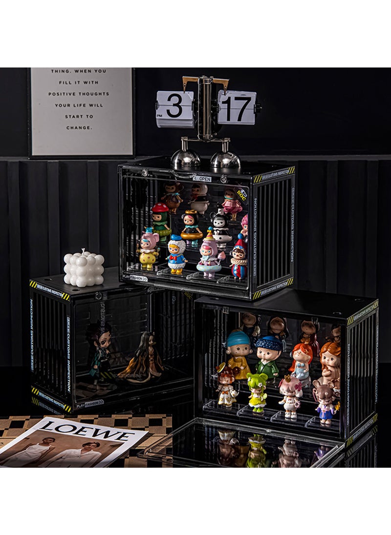 Hihonor - Acrylic Display Case Stand for Figures Unique Design 3 Tier Display Box for Collectibles Stackable Dustproof Clear Display Stand for Pop Mart Action Figures（Black） - Image 1