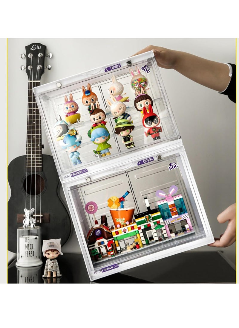 Hihonor - Acrylic Display Case Stand for Figures Unique Design 3 Tier Display Box for Collectibles Stackable Dustproof Clear Display Stand for Pop Mart Action Figures（Black） - Image 1