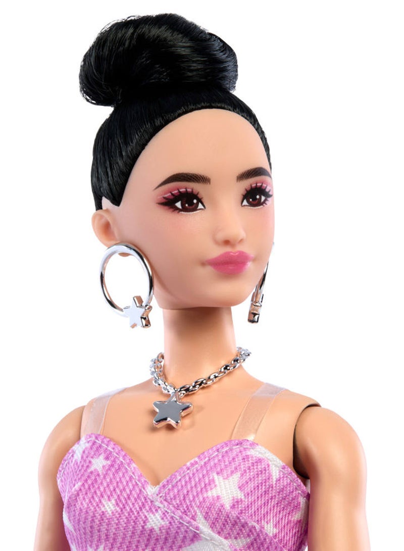Barbie Deluxe Style Doll #11 in Pink Denim Star-Print Dress with Matching Tights, Black Hair in High Bun, Accessories like Handbag and Jewelry - Image 2