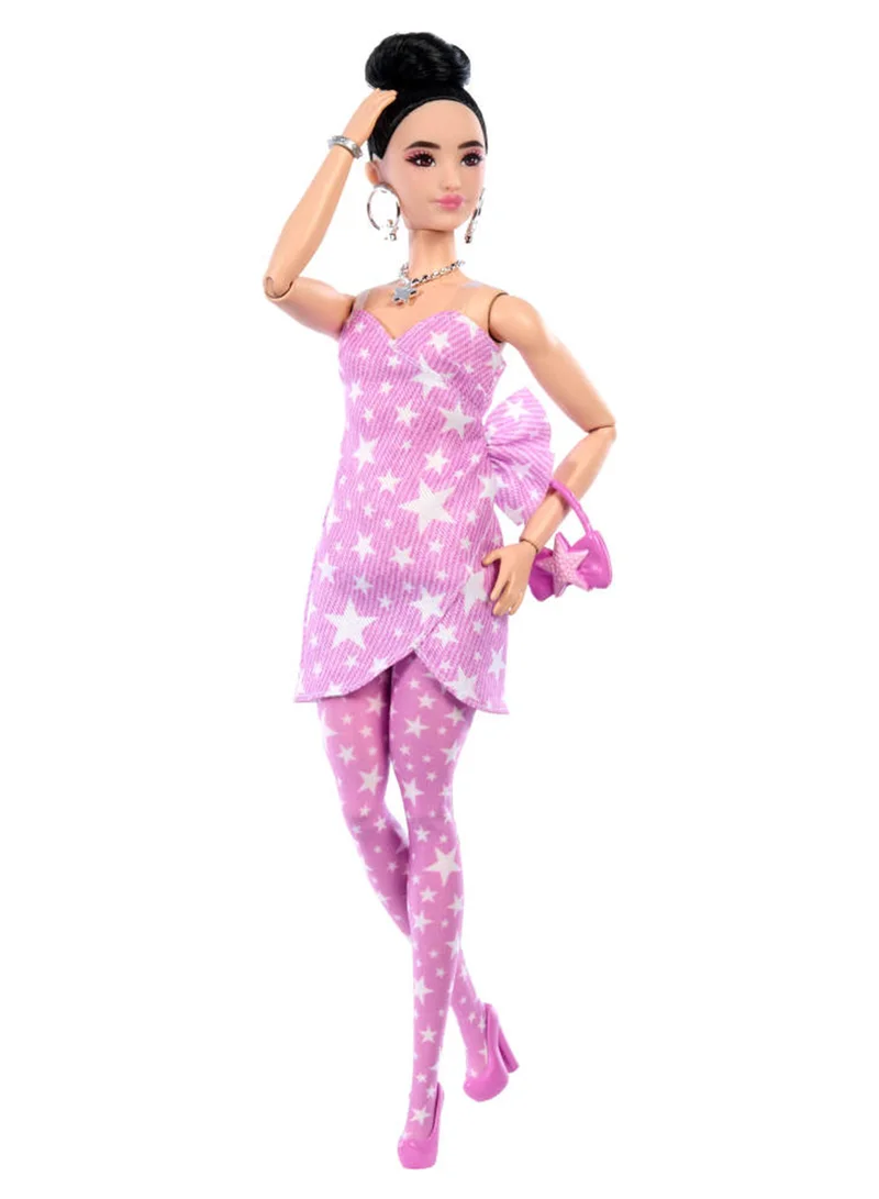 باربي Deluxe Style Doll #11 in Pink Denim Star-Print Dress with Matching Tights, Black Hair in High Bun, Accessories like Handbag and Jewelry