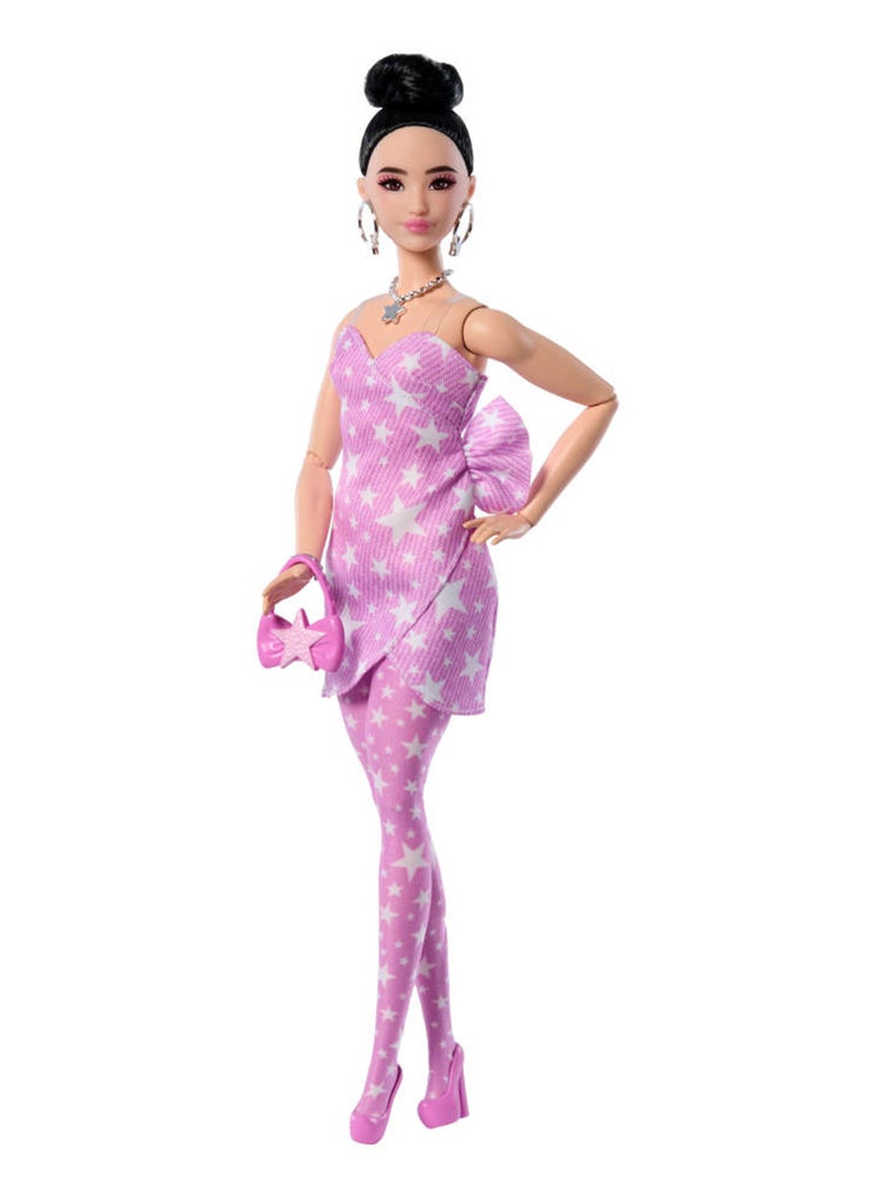 Barbie Deluxe Style Doll #11 in Pink Denim Star-Print Dress with Matching Tights, Black Hair in High Bun, Accessories like Handbag and Jewelry - Image 5