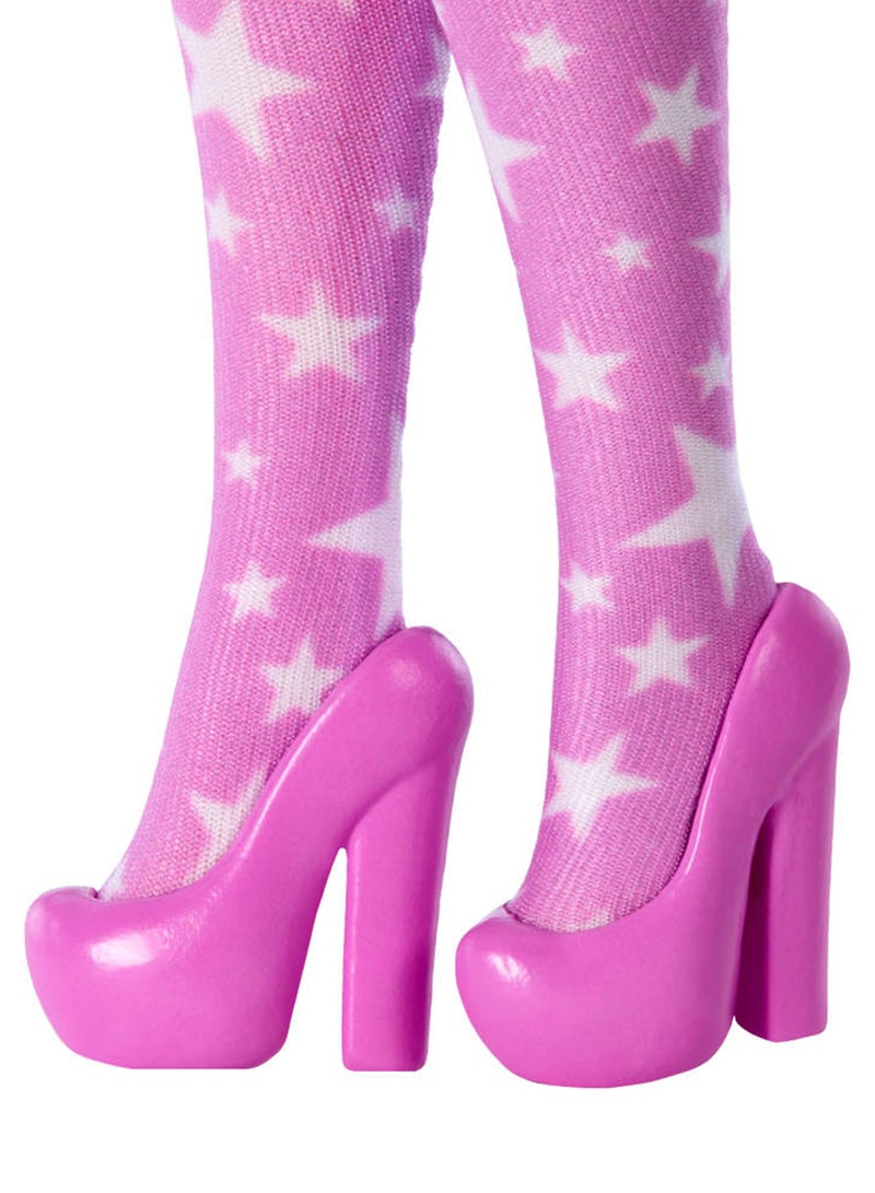 Barbie Deluxe Style Doll #11 in Pink Denim Star-Print Dress with Matching Tights, Black Hair in High Bun, Accessories like Handbag and Jewelry - Image 4