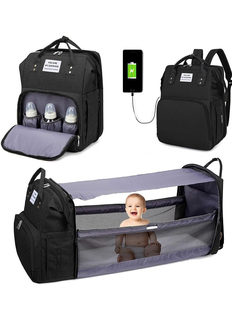 MileMelo - Multi-functional Travel Diaper Backpack Changing Baby Bag for Boys Girls Support Waterproof & Foldable Large Capacity with USB Charging Port Black - Image 1