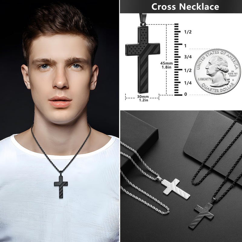 Romass Easter Basket Stuffers 2Pcs Cross Necklace for Men Boys, Bible Verse Stainless Steel Silver Black American Flag Chains for Men Pendant Jewelry Box - Image 5