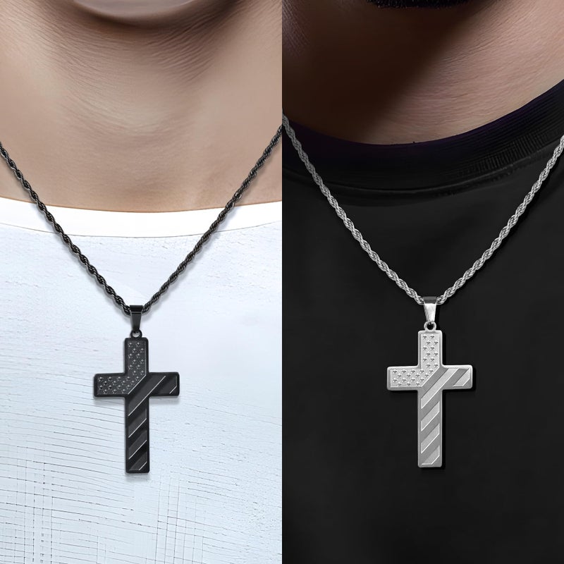 Romass Easter Basket Stuffers 2Pcs Cross Necklace for Men Boys, Bible Verse Stainless Steel Silver Black American Flag Chains for Men Pendant Jewelry Box - Image 2
