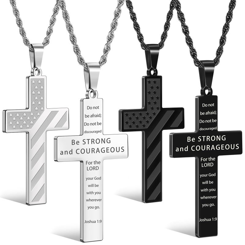 Romass Easter Basket Stuffers 2Pcs Cross Necklace for Men Boys, Bible Verse Stainless Steel Silver Black American Flag Chains for Men Pendant Jewelry Box - Image 1