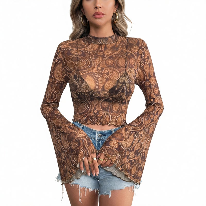 Women's Mesh Print Long Sleeve Flared T-Shirt