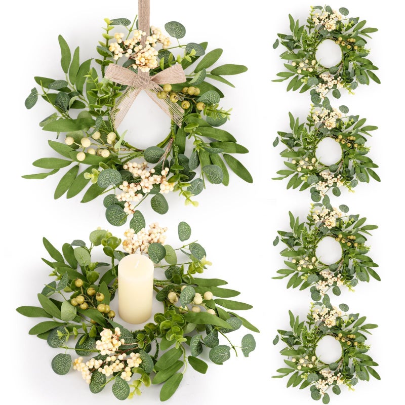 YLOLUL 6 Pcs Green Eucalyptus Candle Rings Wreaths Spring Summer Kitchen Cabinet Wreaths Mini Green Berry Leaves Candle Wreath for Pillars Farmhouse Festival Wedding Celebrations Tabletop Decoration - Image 1