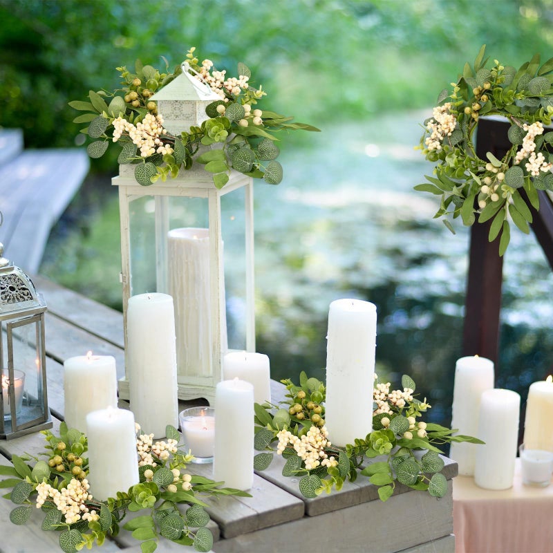 YLOLUL 6 Pcs Green Eucalyptus Candle Rings Wreaths Spring Summer Kitchen Cabinet Wreaths Mini Green Berry Leaves Candle Wreath for Pillars Farmhouse Festival Wedding Celebrations Tabletop Decoration - Image 5