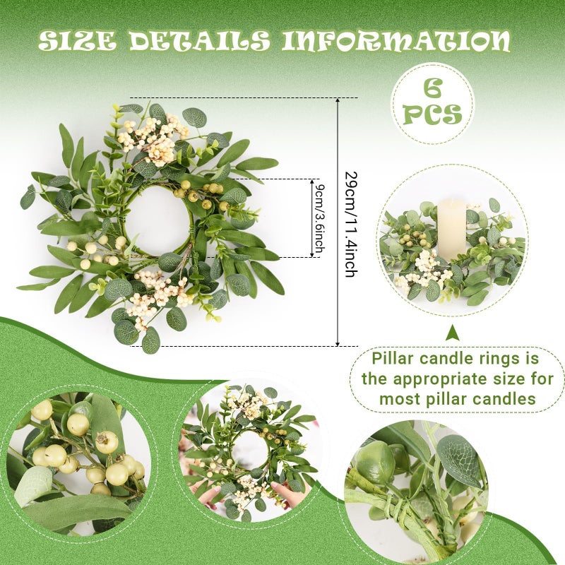 YLOLUL 6 Pcs Green Eucalyptus Candle Rings Wreaths Spring Summer Kitchen Cabinet Wreaths Mini Green Berry Leaves Candle Wreath for Pillars Farmhouse Festival Wedding Celebrations Tabletop Decoration - Image 3