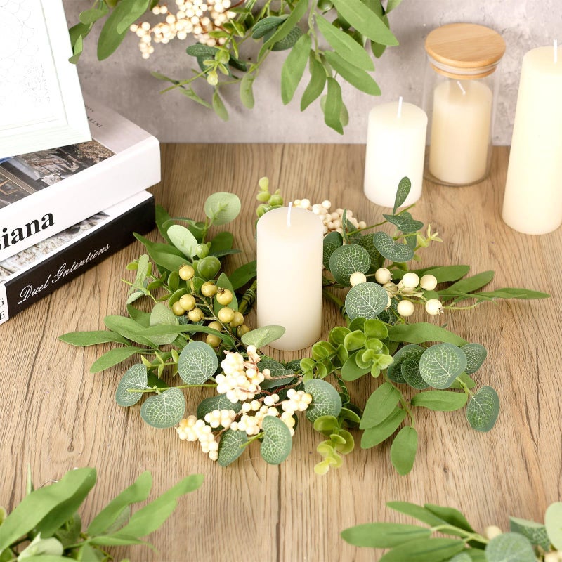 YLOLUL 6 Pcs Green Eucalyptus Candle Rings Wreaths Spring Summer Kitchen Cabinet Wreaths Mini Green Berry Leaves Candle Wreath for Pillars Farmhouse Festival Wedding Celebrations Tabletop Decoration - Image 4