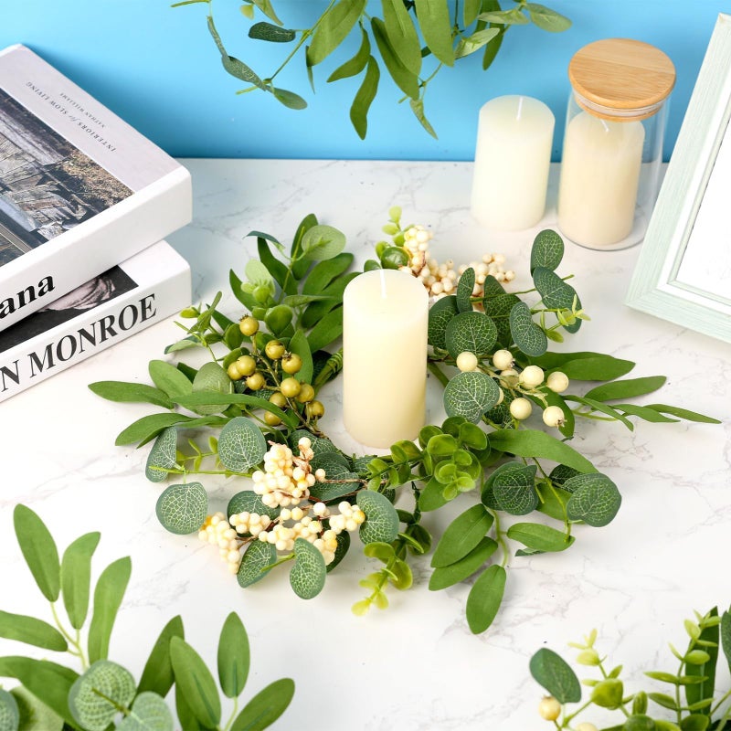 YLOLUL 6 Pcs Green Eucalyptus Candle Rings Wreaths Spring Summer Kitchen Cabinet Wreaths Mini Green Berry Leaves Candle Wreath for Pillars Farmhouse Festival Wedding Celebrations Tabletop Decoration - Image 2