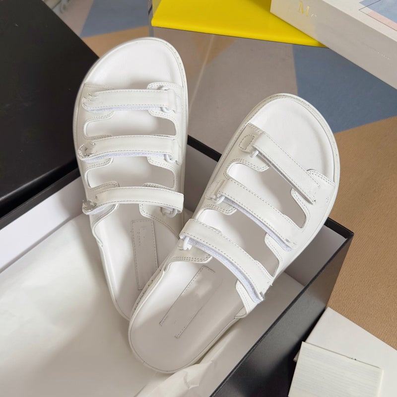 New Leather Magic Strap Womens Slippers White