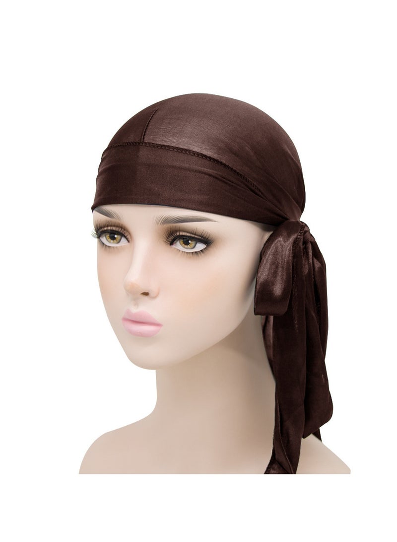 Brown Men'S And Women'S Silk Satin Pirate Hat Long Tail Decorative Headscarf Elastic Beanie Wave Headscarf - Image 1