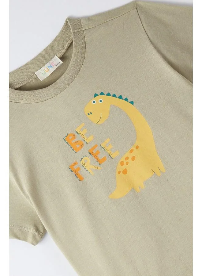 JUNE June Boy Dino Printed Shorts Set Light Khaki - Ecru