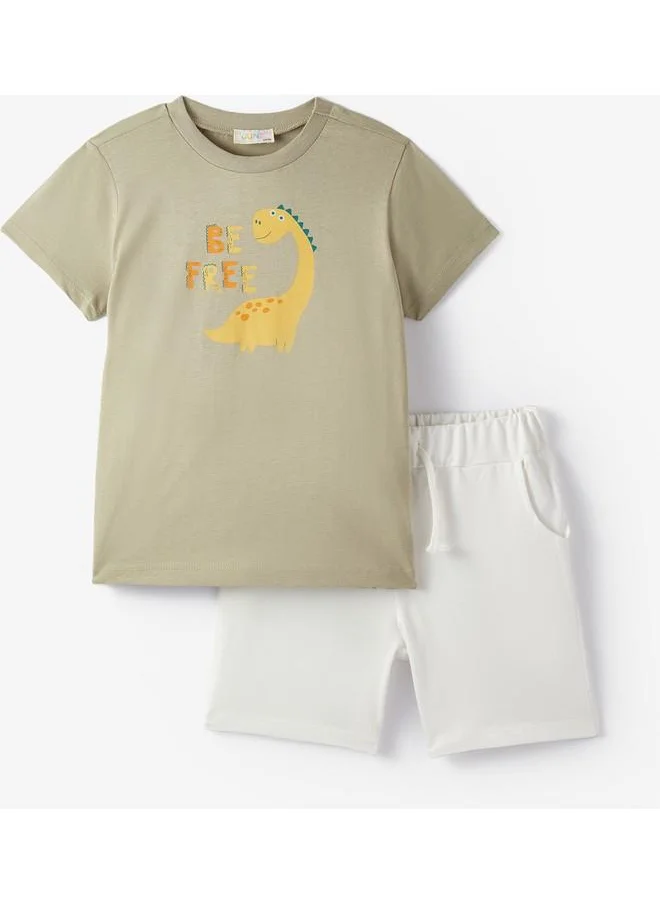 JUNE June Boy Dino Printed Shorts Set Light Khaki - Ecru