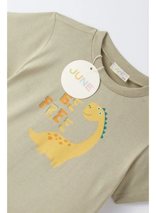 JUNE June Boy Dino Printed Shorts Set Light Khaki - Ecru