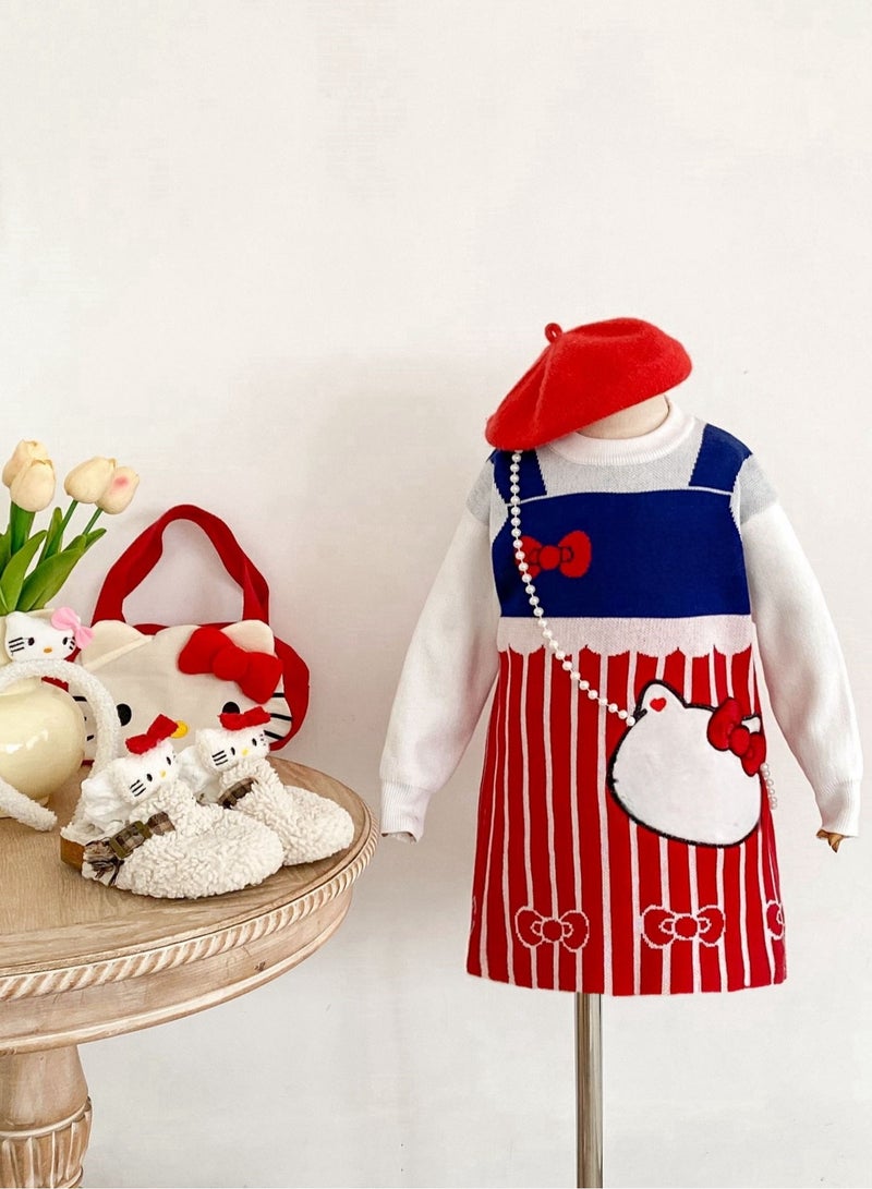 Three Piece Set — Girl's Stylish Cartoon Love Fake Two-Piece Sweater Knitted Dress Hair Hoop Handbag  - Image 5