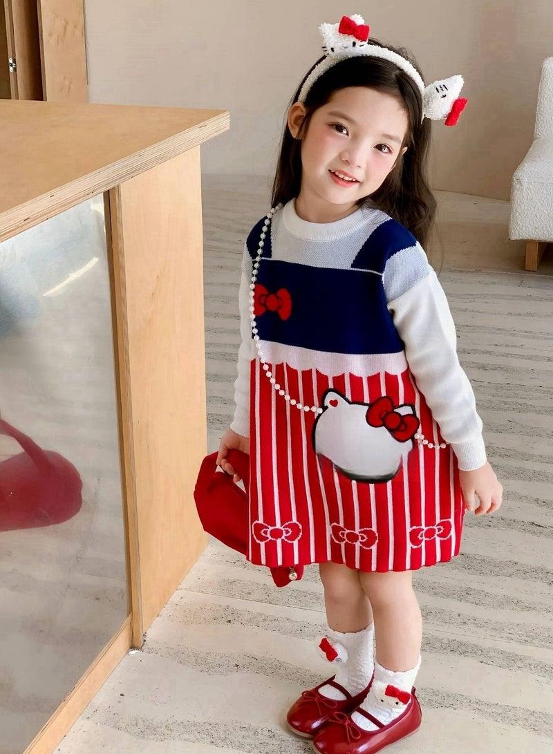 Three Piece Set — Girl's Stylish Cartoon Love Fake Two-Piece Sweater Knitted Dress Hair Hoop Handbag  - Image 1