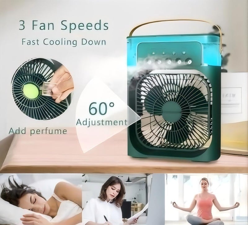 ALASAMCO Portable Humidifier Fan AIr Conditioner Household Small Air Cooler Hydrocooling Portable Air Adjustment 3 Speed Fan,USB Electric Fan LED Night Light. (Green) - Image 2