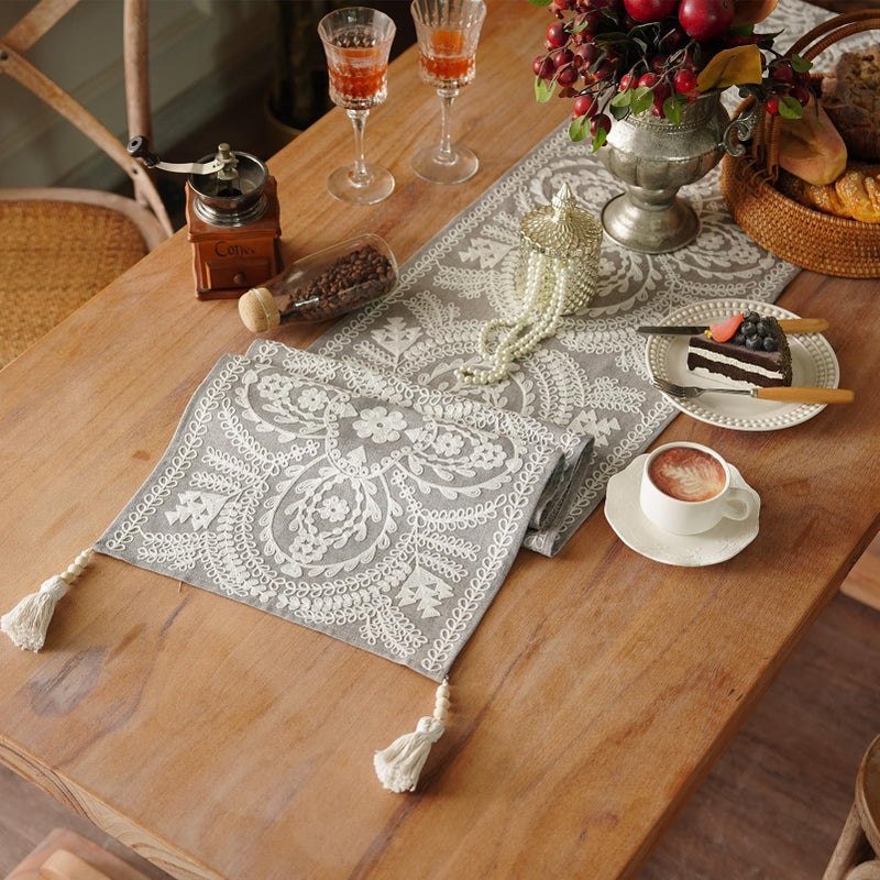 Artbloss Embroidered Table Runner Boho Farmhouse Dresser Scarf Macrame Rustic Lace Doily with Tassel for Kitchen Indoor Outdoor Fireplace (Gray, 14 x 56 Inches) - Image 1