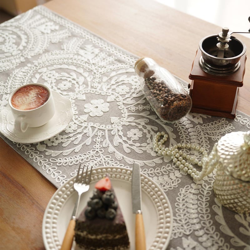 Artbloss Embroidered Table Runner Boho Farmhouse Dresser Scarf Macrame Rustic Lace Doily with Tassel for Kitchen Indoor Outdoor Fireplace (Gray, 14 x 56 Inches) - Image 4