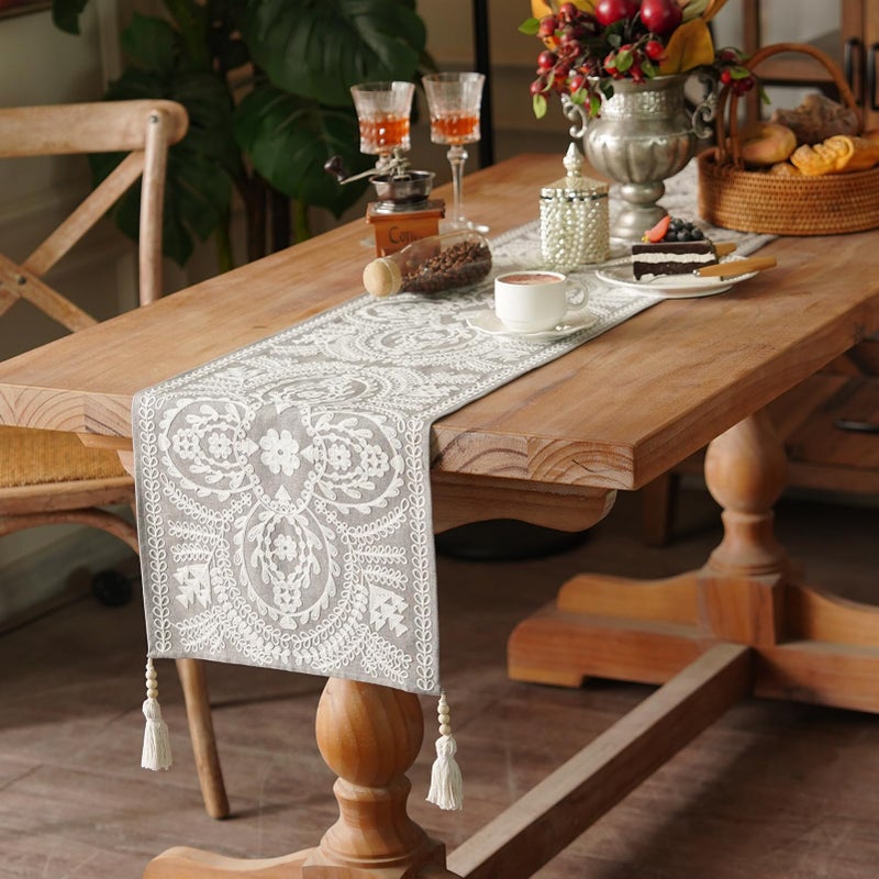 Artbloss Embroidered Table Runner Boho Farmhouse Dresser Scarf Macrame Rustic Lace Doily with Tassel for Kitchen Indoor Outdoor Fireplace (Gray, 14 x 56 Inches) - Image 3