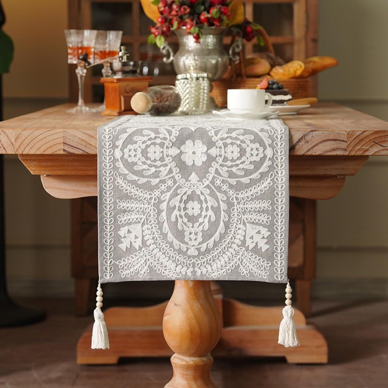 Artbloss Embroidered Table Runner Boho Farmhouse Dresser Scarf Macrame Rustic Lace Doily with Tassel for Kitchen Indoor Outdoor Fireplace (Gray, 14 x 56 Inches) - Image 2