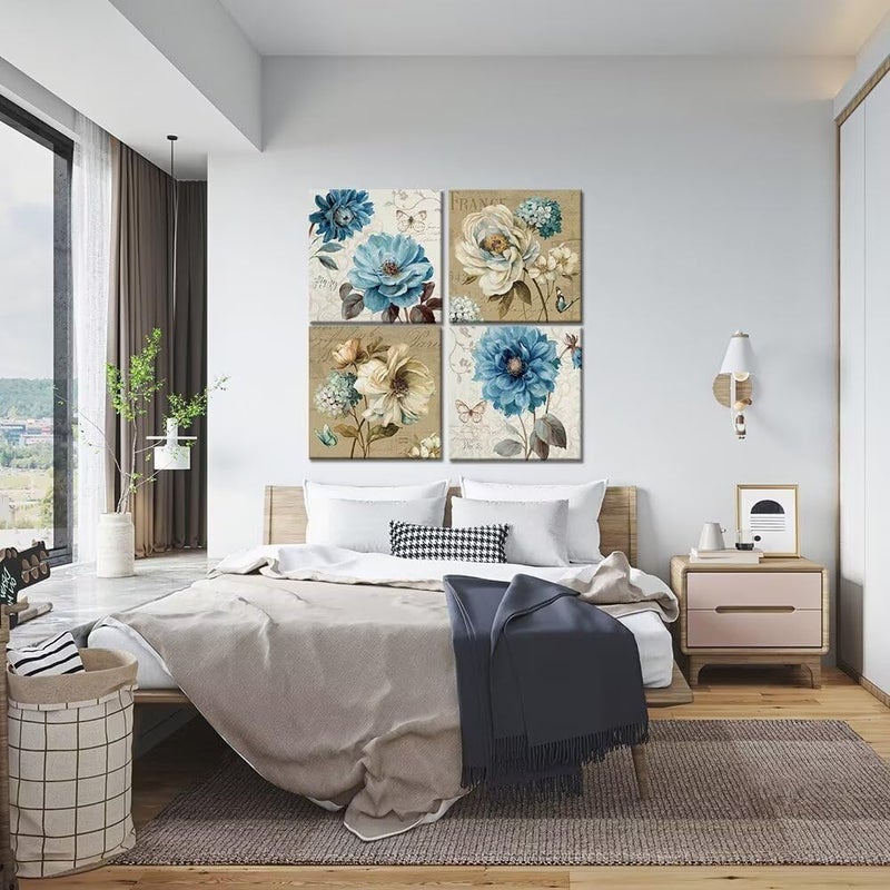 Wall HDQ Peony Rose Wall Art Blue and White Flower Wall Decor Floral Butterfly Painting for Bathroom Living Room Bedroom Home Decor Abstract Canvas Print Picture Ready to Hang (12''x12'' x4Pcs) - Image 4