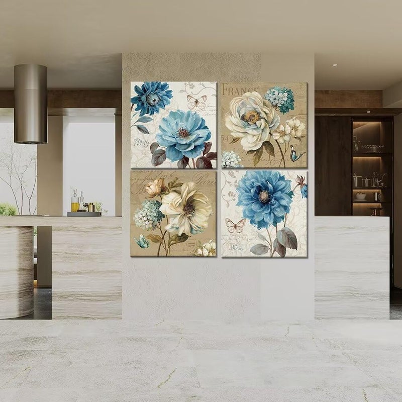 Wall HDQ Peony Rose Wall Art Blue and White Flower Wall Decor Floral Butterfly Painting for Bathroom Living Room Bedroom Home Decor Abstract Canvas Print Picture Ready to Hang (12''x12'' x4Pcs) - Image 3