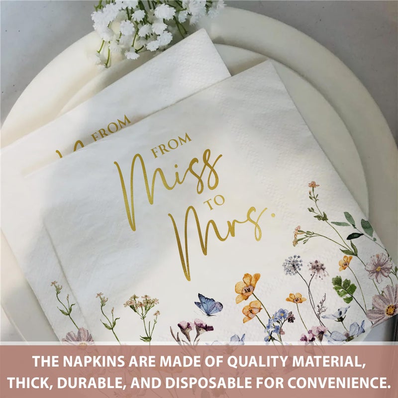Audree 50 Pack Gold Foil Floral Miss to Mrs Napkins 3-Ply (5x5") - Wildflower Bridal Shower Decorations - Paper Napkins for Wedding, Engagement, and Bridal Shower Party - Image 4