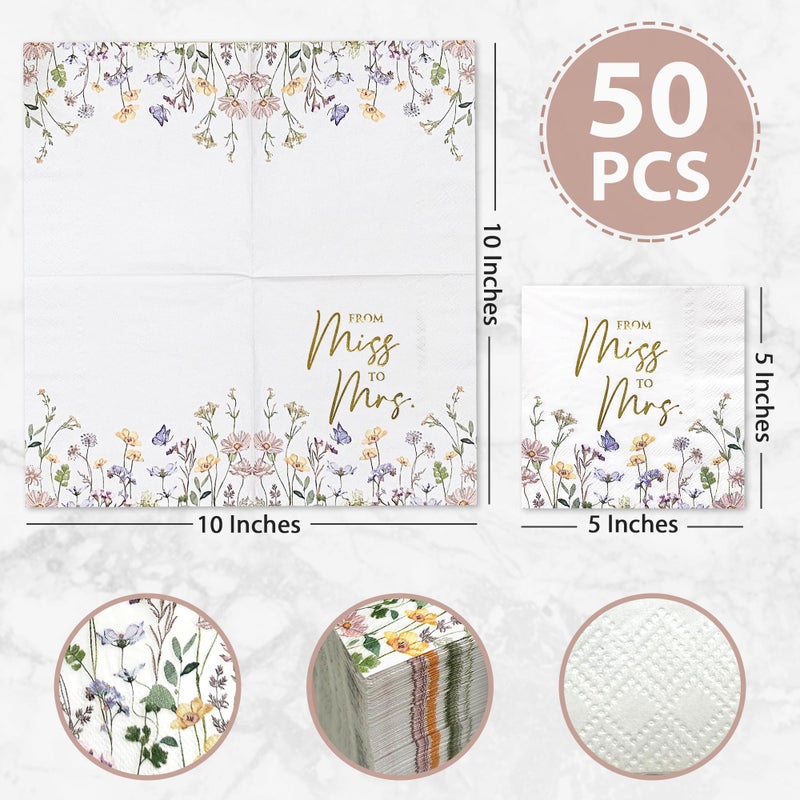Audree 50 Pack Gold Foil Floral Miss to Mrs Napkins 3-Ply (5x5") - Wildflower Bridal Shower Decorations - Paper Napkins for Wedding, Engagement, and Bridal Shower Party - Image 2