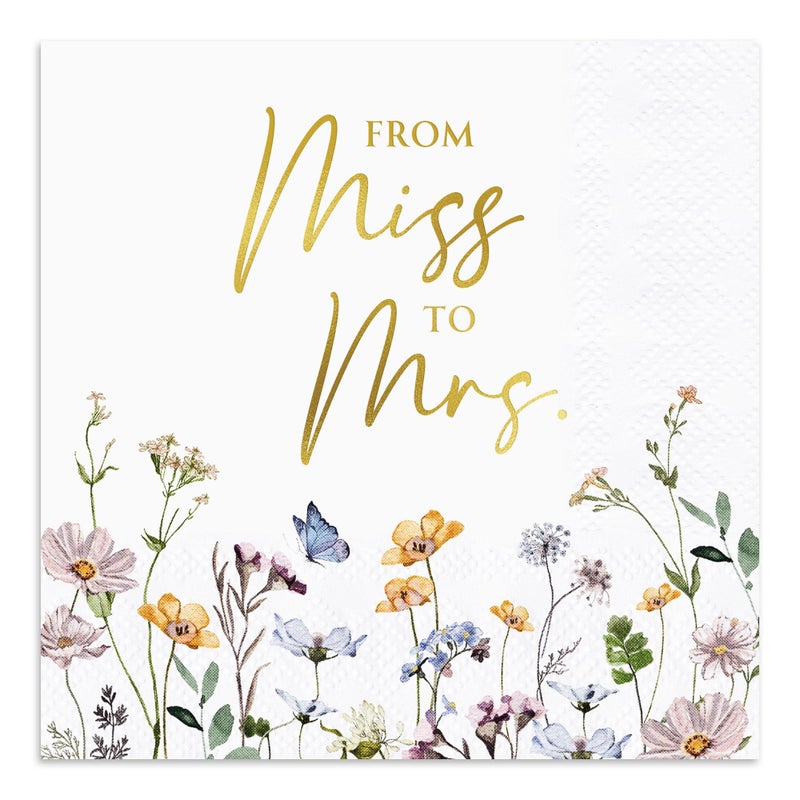 Audree 50 Pack Gold Foil Floral Miss to Mrs Napkins 3-Ply (5x5") - Wildflower Bridal Shower Decorations - Paper Napkins for Wedding, Engagement, and Bridal Shower Party - Image 1