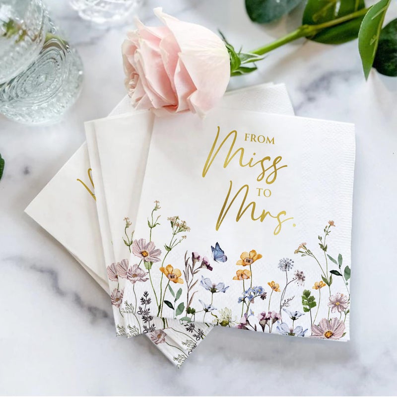 Audree 50 Pack Gold Foil Floral Miss to Mrs Napkins 3-Ply (5x5") - Wildflower Bridal Shower Decorations - Paper Napkins for Wedding, Engagement, and Bridal Shower Party - Image 3