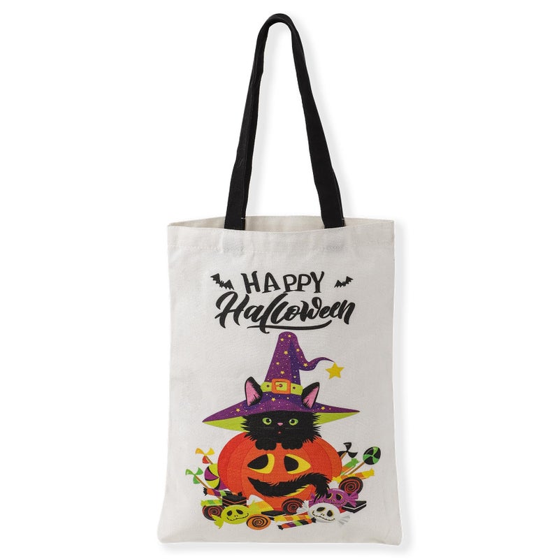 ATFUNSHOP Halloween Tote Bag 15.7'' Trick or Treat Bag Halloween Canvas Bags Reusable Large Halloween Grocery Bag for Kids Cat - Image 1