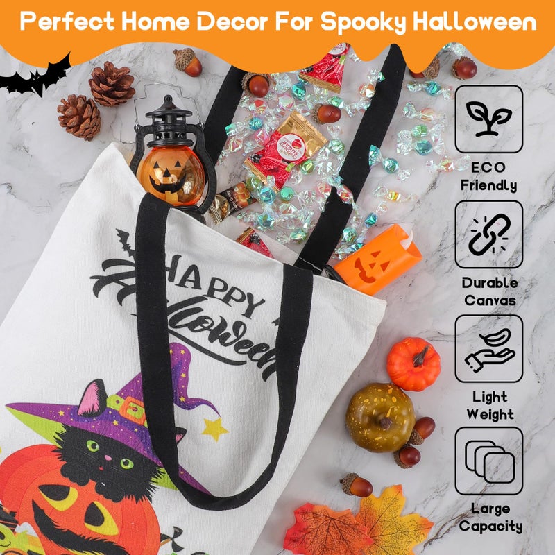 ATFUNSHOP Halloween Tote Bag 15.7'' Trick or Treat Bag Halloween Canvas Bags Reusable Large Halloween Grocery Bag for Kids Cat - Image 4