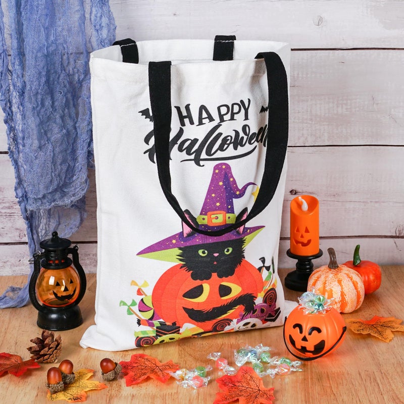 ATFUNSHOP Halloween Tote Bag 15.7'' Trick or Treat Bag Halloween Canvas Bags Reusable Large Halloween Grocery Bag for Kids Cat - Image 2