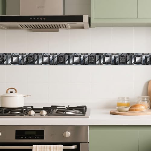 IVN Wallpaper Border Peel and Stick Wall Black and Silver Mosaic Decorative Wall Trim Self Adhesive Border for Walls Mirror Frame Accent Strip for Bedroom Kitchen LivingRoom 4x196 Inch - Image 4