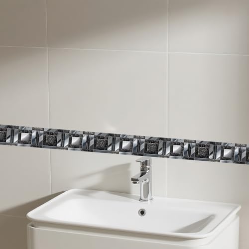 IVN Wallpaper Border Peel and Stick Wall Black and Silver Mosaic Decorative Wall Trim Self Adhesive Border for Walls Mirror Frame Accent Strip for Bedroom Kitchen LivingRoom 4x196 Inch - Image 5