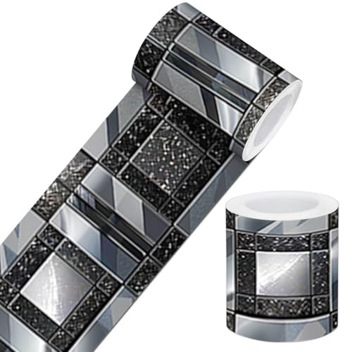 IVN Wallpaper Border Peel and Stick Wall Black and Silver Mosaic Decorative Wall Trim Self Adhesive Border for Walls Mirror Frame Accent Strip for Bedroom Kitchen LivingRoom 4x196 Inch - Image 1