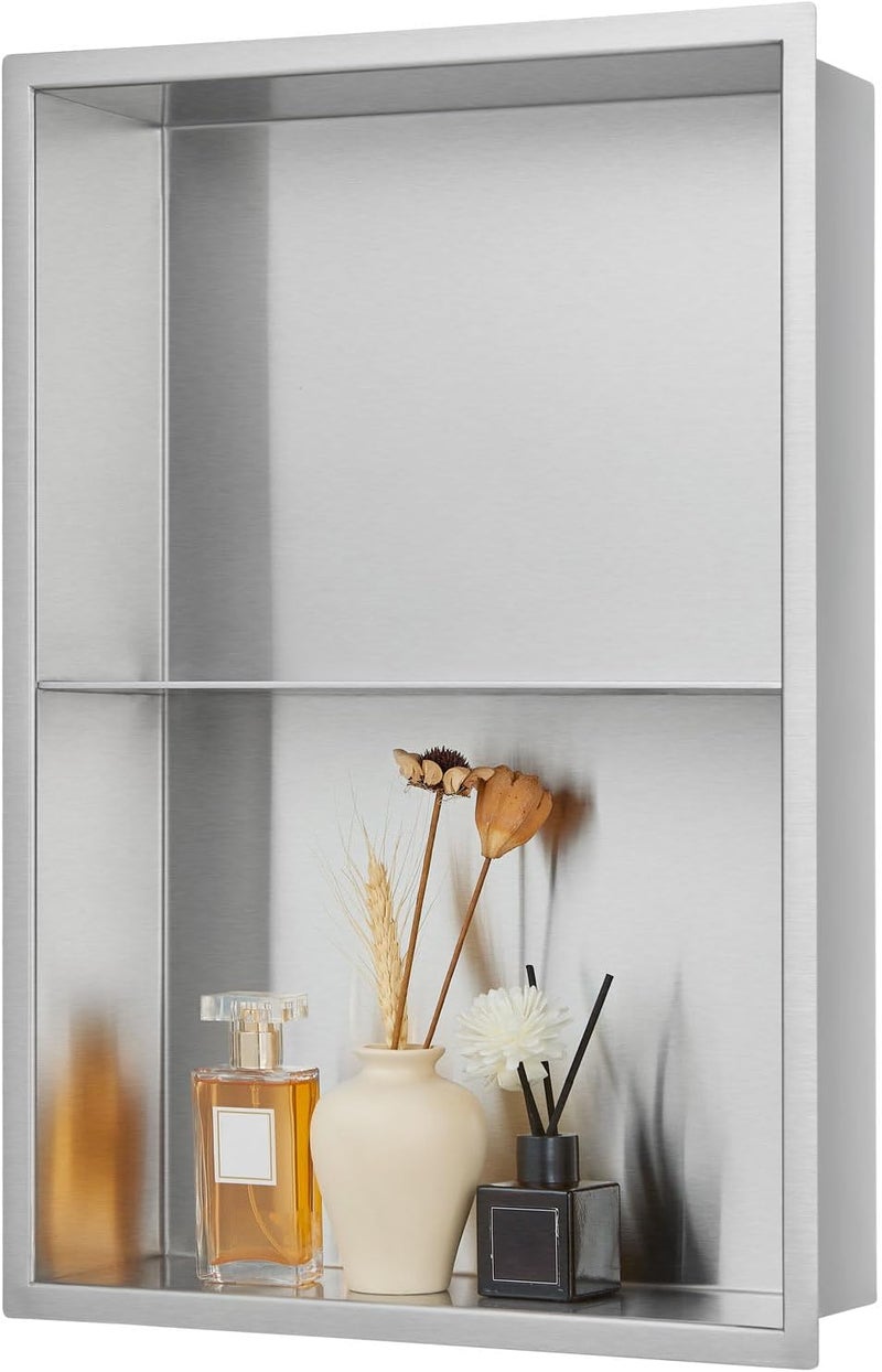 LBTBDBN 14x20 Inch Brushed Nickel Shower Niche, No Tile Needed Stainless Steel Recessed Bathroom Wall Niche with Double Shelves for Shower Storage - Image 1