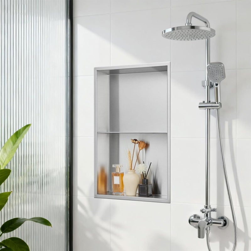 LBTBDBN 14x20 Inch Brushed Nickel Shower Niche, No Tile Needed Stainless Steel Recessed Bathroom Wall Niche with Double Shelves for Shower Storage - Image 2