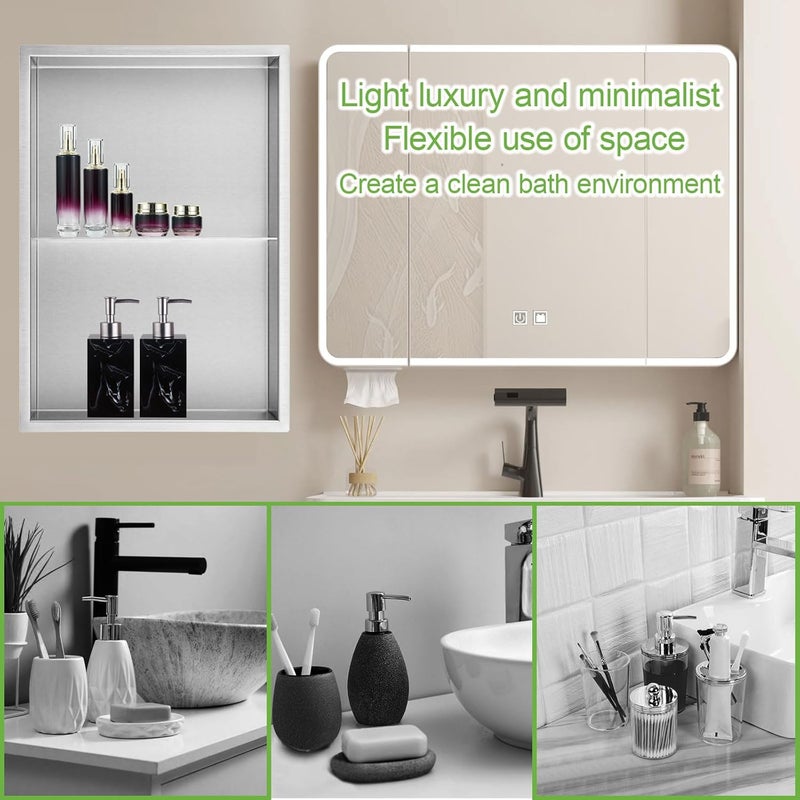 LBTBDBN 14x20 Inch Brushed Nickel Shower Niche, No Tile Needed Stainless Steel Recessed Bathroom Wall Niche with Double Shelves for Shower Storage - Image 4