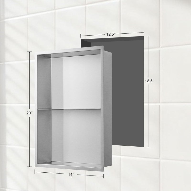 LBTBDBN 14x20 Inch Brushed Nickel Shower Niche, No Tile Needed Stainless Steel Recessed Bathroom Wall Niche with Double Shelves for Shower Storage - Image 3