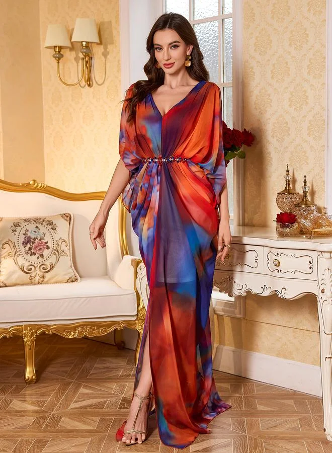 Supgir Red Tie-Dye Print A-Line Maxi Evening Dress