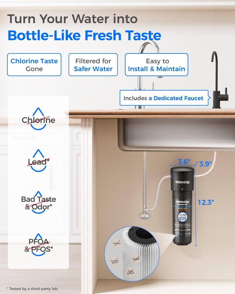Waterdrop 10UB-B Under Sink Water Filter, Reduces PFAS, PFOA/PFOS, Lead, Chlorine, Bad Taste, NSF/ANSI 42 Certified, 11K Gallons, Easy Installation, Black Faucet - Image 2